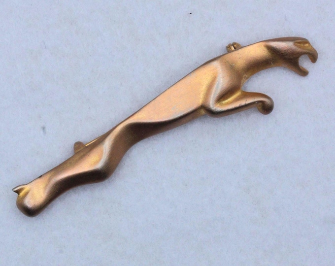 VINTAGE Running Panther Brooch • Satin Goldtone Leopard Pin • Mid Century Modern Big Cat Jewelry • Safari Wildlife Statement Brooch