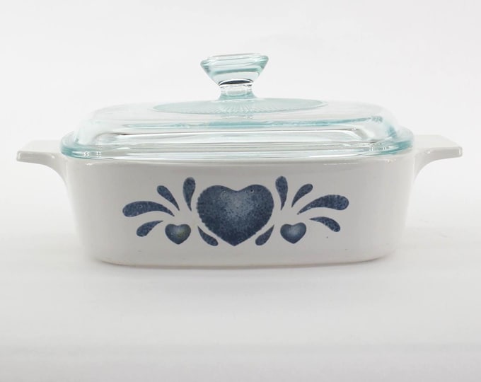 VINTAGE Corning Ware 1-quart Casserole Dish A-1-B w/ Cover A7C. Blue Heart Pattern.