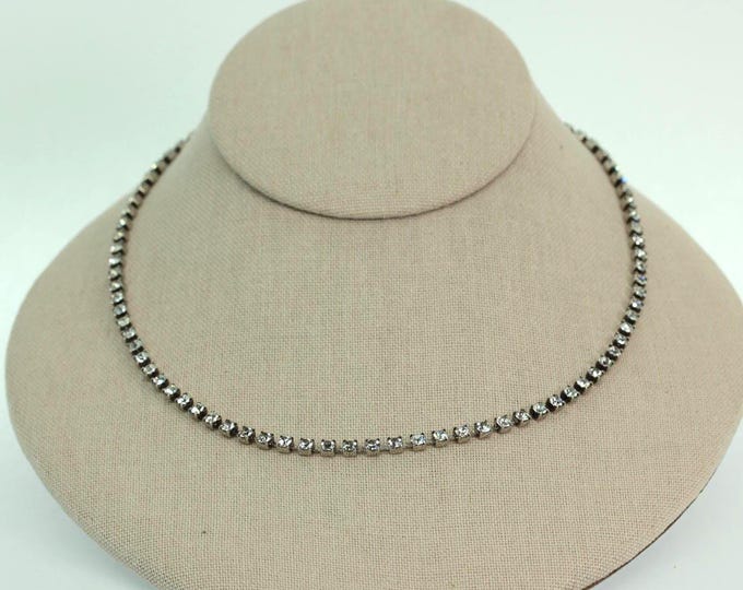 VINTAGE Silver Tone Rhinestone Tennis Necklace • Classic Crystal Line Choker • Bridal Wedding Jewelry • 16" Princess Length