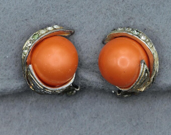 Vintage Orange Satin Resin Clip-On Earrings, Rhinestone Swirl Earrings, Mid Century Costume Jewelry, Retro Orange Cabochon Earrings