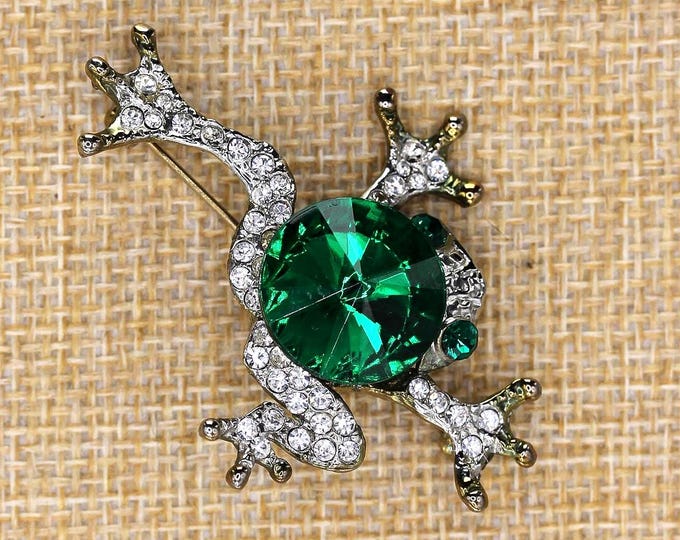 VINTAGE Green Rhinestone Frog Brooch - Emerald Glass Body