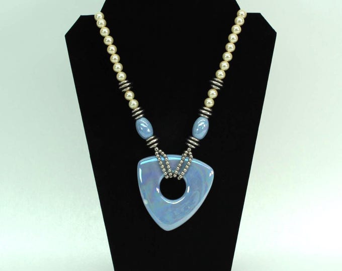 VINTAGE . Iridescent Blue Glass Pendant Necklace . Faux Pearls . Statement Necklace
