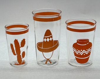 RARE Vintage Set of 3 Homer Laughlin Fiesta "Go-withs" Glassware. Hacienda Series. Orange.