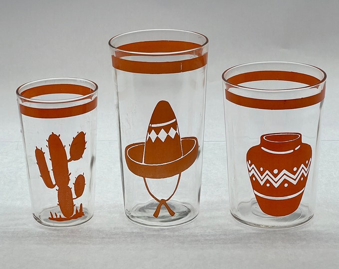 RARE Vintage Set of 3 Homer Laughlin Fiesta "Go-withs" Glassware. Hacienda Series. Orange.