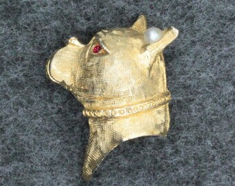 VINTAGE Gold Tone Boxer Dog Head Brooch • Faux Pearl Earring • Red Rhinestone Eye • Figural Dog Pin