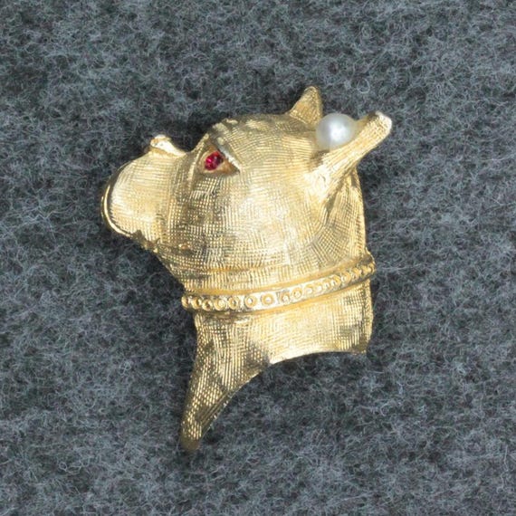 VINTAGE Gold Tone Boxer Dog Head Brooch • Faux Pearl Earring • Red Rhinestone Eye • Figural Dog Pin
