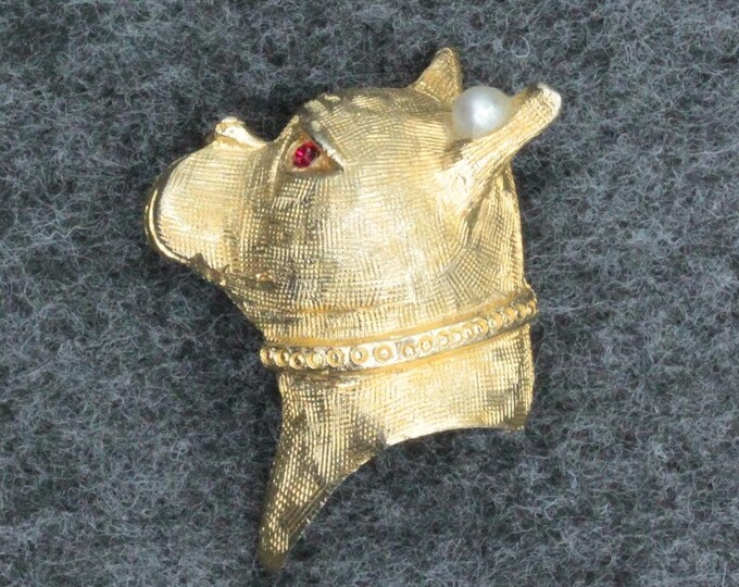 VINTAGE Gold Tone Boxer Dog Head Brooch • Faux Pearl Earring • Red Rhinestone Eye • Figural Dog Pin