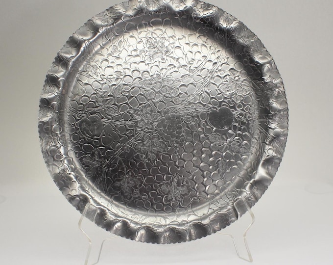 VINTAGE Mid Century Stamped Aluminum Serving Tray. Grape Vine Motif