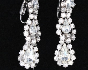 VINTAGE Signed Weiss Rhinestone Teardrop Earrings. 1950s Hollywood Glam