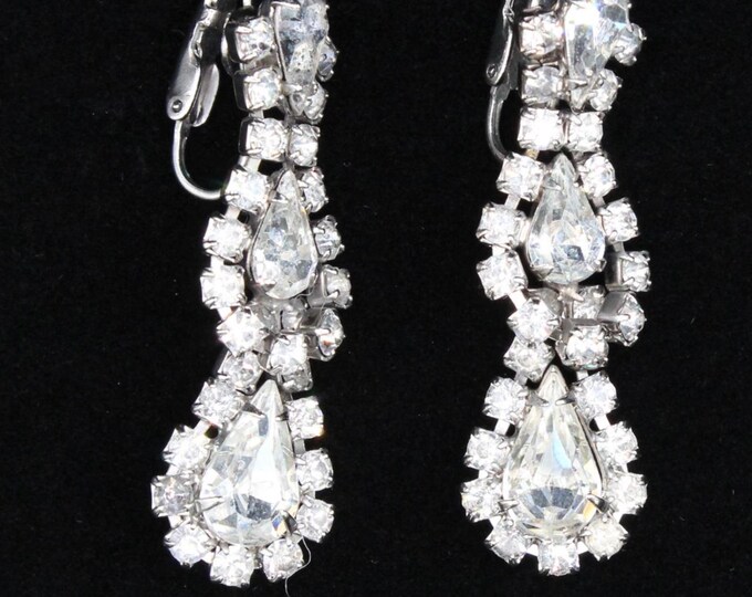 VINTAGE Signed Weiss Rhinestone Teardrop Earrings. 1950s Hollywood Glam
