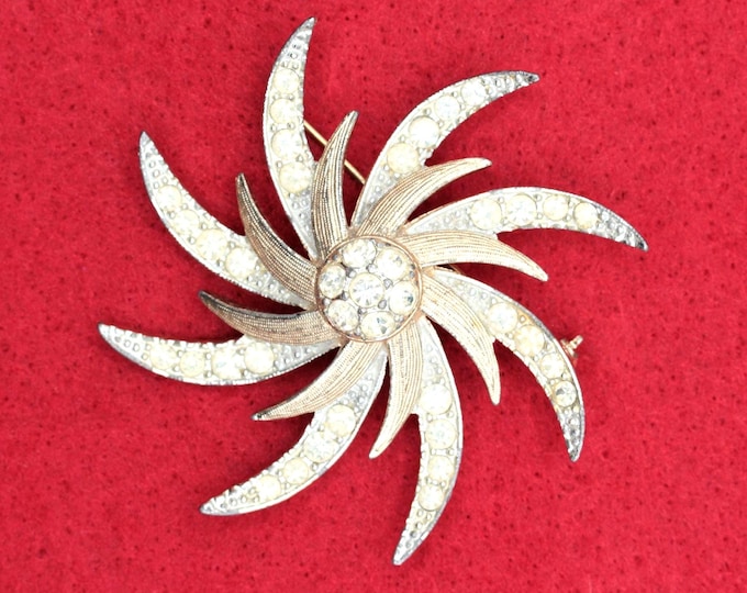 Vintage Sarah Coventry Rhinestone Starburst Brooch • Mid Century Atomic Pinwheel Pin • Silver Tone Statement Pin • Signed