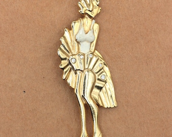 VINTAGE Glamour Girl Starlet Brooch • Gold Tone Showgirl Pin • White Enamel Rhinestone Fashion Jewelry