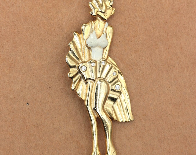 VINTAGE Glamour Girl Starlet Brooch • Gold Tone Showgirl Pin • White Enamel Rhinestone Fashion Jewelry