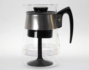 VINTAGE Corning Glass Stovetop Coffee Percolator with Basket Stem and Lid Black Handle