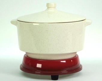 Vintage Cornwall Hot Server Casserole Dish with Electric Warmer Model 2626 Speckled Stoneware Made in USA