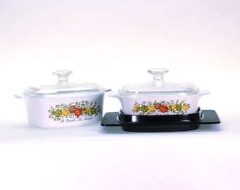 Vintage Corning Ware Spice of Life Set: L'Echalote & Le Persil, Brown Trivet