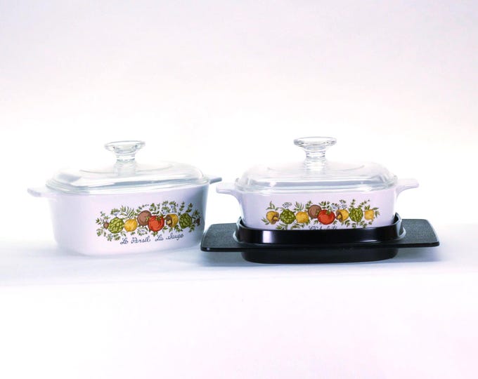 Vintage Corning Ware Spice of Life Set: L'Echalote & Le Persil, Brown Trivet