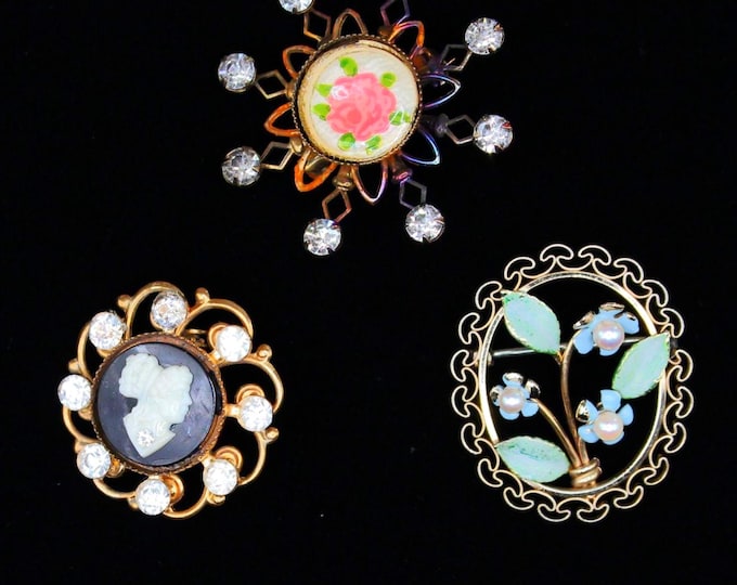 VINTAGE Floral, Cameo, and Enamel Brooches. Midcentury Pins with Rhinestones and Pearls. Your Choice