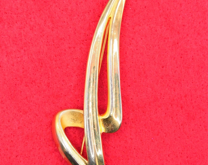 Vintage Marvella Convertible Brooch Pendant • Modernist Gold Tone Ribbon Pin • Abstract Mid Century Statement Jewelry