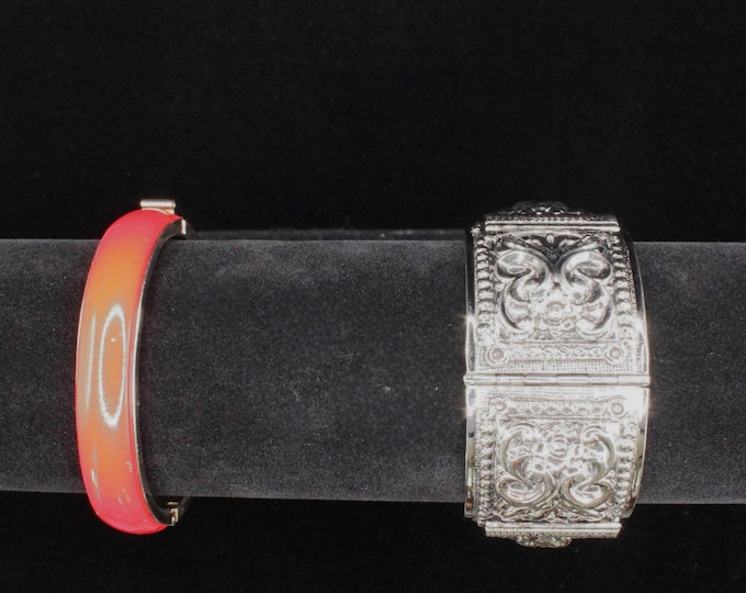 VINTAGE Bold & Beautiful Bracelet Duo. Red Enamel Bangle + Baroque Silver Cuff.