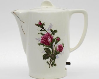 VINTAGE Small Ceramic Electric Tea Kettle Pink Roses Gold Trim Personal Hot Water Pot with Cord