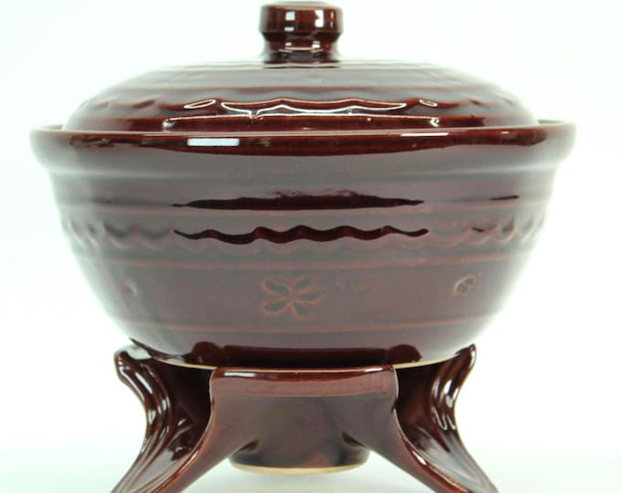 Harcrest Oven Proof Stoneware Covered Casserole Pedestal Dish Brown Drip Glaze USA