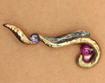 VINTAGE Handcrafted Mixed Media Swirl Brooch • Artisan Gold Tone Pin with Purple Cabochons • Wearable Art