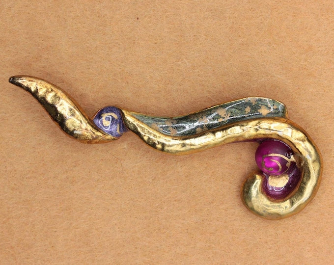 VINTAGE Handcrafted Mixed Media Swirl Brooch • Artisan Gold Tone Pin with Purple Cabochons • Wearable Art