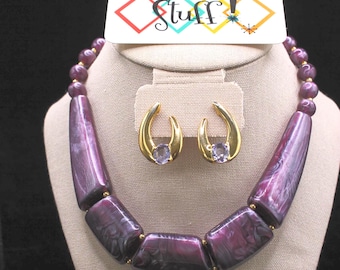 VINTAGE Chunky Purple Bead Necklace with Optional Earrings 1970s Statement Jewelry