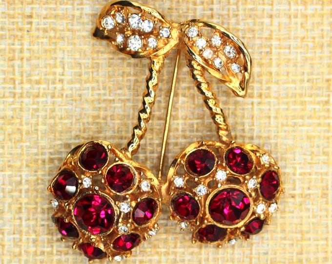 Vintage Rhinestone Cherry Brooch • Ruby Red & Clear Crystal Fruit Pin • Gold Tone • 2"