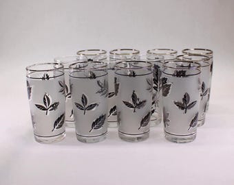 VINTAGE Libbey Silver Leaf Juice Glasses. Set of 12 Small 5 oz Glasses. Mid Century Barware for Special Occasions.
