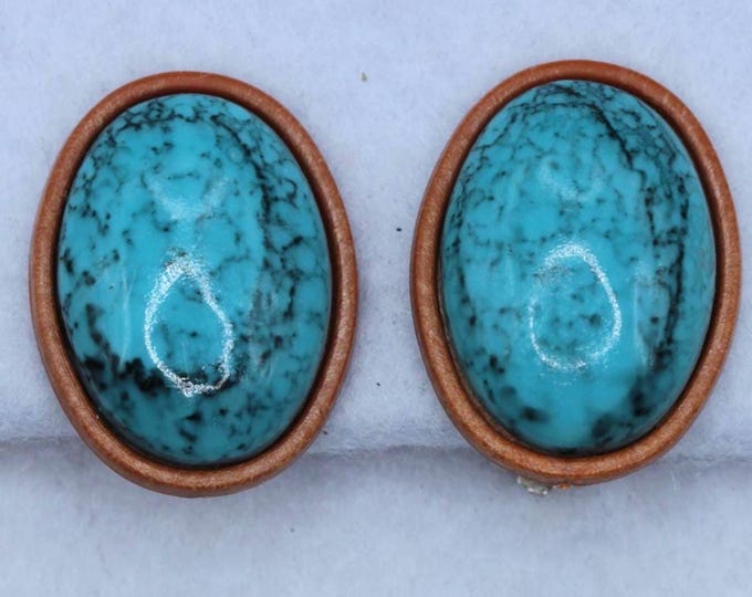 VINTAGE Faux Turquoise Clip-On Earrings, Southwestern Style Oval Cabochons, Rustic Boho Jewelry, Lightweight Statement Earrings