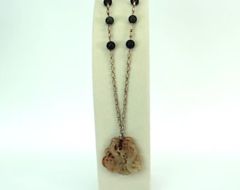VINTAGE Hand Carved Stone Fish Pendant Necklace . Artisan Folk Art Jewelry . Long Beaded Necklace . World Traveler Style