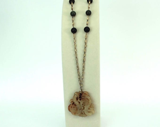 VINTAGE Hand Carved Stone Fish Pendant Necklace . Artisan Folk Art Jewelry . Long Beaded Necklace . World Traveler Style