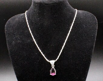 VINTAGE Silvertone Pendant Necklace with Purple Rhinestone Drop