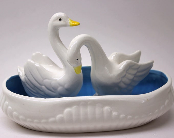 VINTAGE Porcelain 2 Swans in Pool. 3-piece Set.