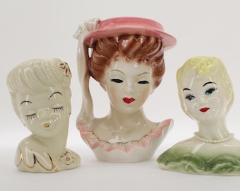 VINTAGE Lady Head Vases – Choose One – Mid Century Glamour Planters – Goldie, Maxine, or Lila