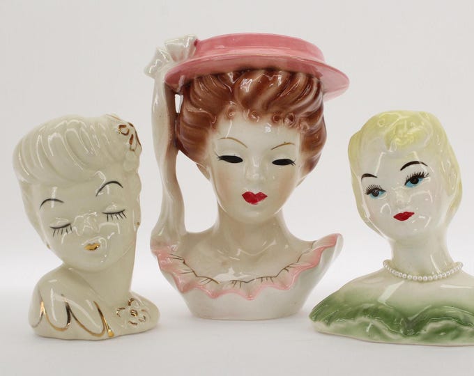 VINTAGE Lady Head Vases – Choose One – Mid Century Glamour Planters – Goldie, Maxine, or Lila