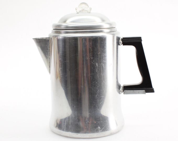 VINTAGE Enterprise Aluminum Percolator. 12-Cup Stovetop Coffee Pot. Glass Knob. Mid-Century Camp or Cabin Style.