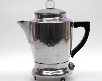VINTAGE Heatmaster Aluminum Electric Coffee Percolator Glass Top Black Handle with Cord Tested Working
