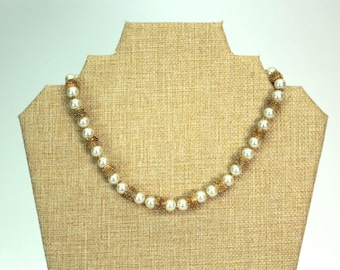 VINTAGE Trifari Faux Pearl Necklace. Gold Tone Textured Spacer Beads. Classic Wedding Jewelry. Princess Length