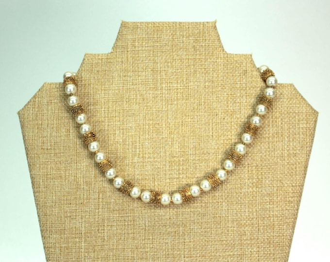VINTAGE Trifari Faux Pearl Necklace. Gold Tone Textured Spacer Beads. Classic Wedding Jewelry. Princess Length