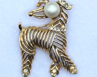 VINTAGE Poodle Brooch • Gold Tone Openwork Dog Pin • Faux Pearl Head • Rhinestone Accents • Figural Costume Jewelry