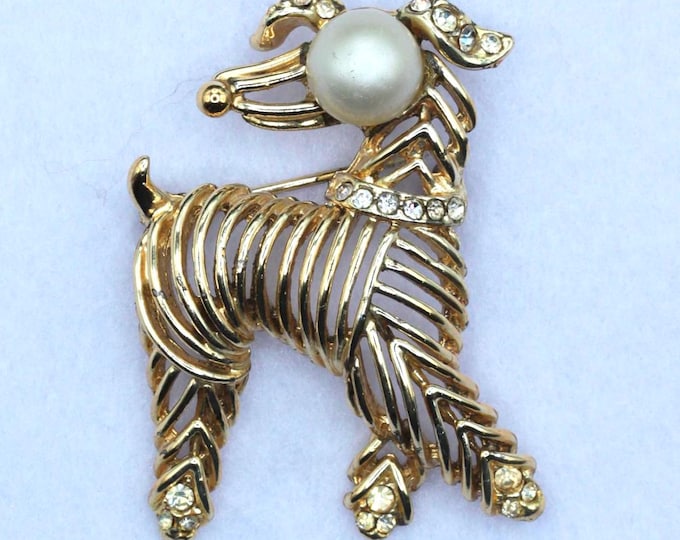 VINTAGE Poodle Brooch • Gold Tone Openwork Dog Pin • Faux Pearl Head • Rhinestone Accents • Figural Costume Jewelry