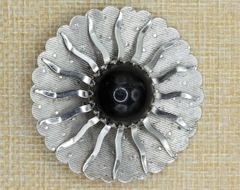 Vintage Sarah Coventry Black Cabochon Brooch • Silver Tone Modernist Sunburst Pin • 2 Inch Statement Fashion Jewelry • 1970s