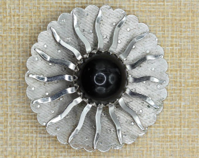 Vintage Sarah Coventry Black Cabochon Brooch • Silver Tone Modernist Sunburst Pin • 2 Inch Statement Fashion Jewelry • 1970s