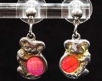 VINTAGE Koala Earrings. 1980s Silver Tone Dangle With Pink Cabochons.