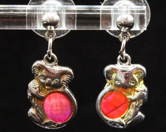 VINTAGE Koala Earrings. 1980s Silver Tone Dangle With Pink Cabochons.