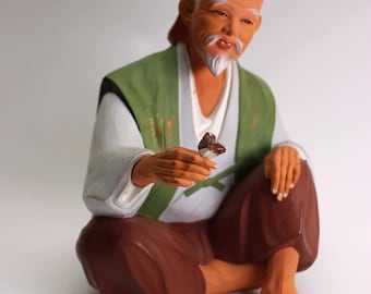 VINTAGE Hakata Urasaki Ceramic Sculpture. Elder with Bird. Made in Japan. 8.5"