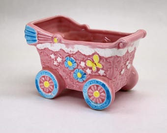 VINTAGE Lefton Pink Baby Carriage Planter. 1960's.